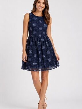 Taylor Navy Floral Embroidered Fit & Flare Dress